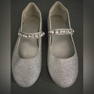 Silver Glitter Mary Jane Shoes with Pearl Accent